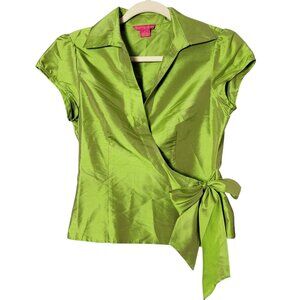 Sunny Leigh Womens 100% Silk Green Y2K Cyber Metallic Party Date Wrap Top Size 4
